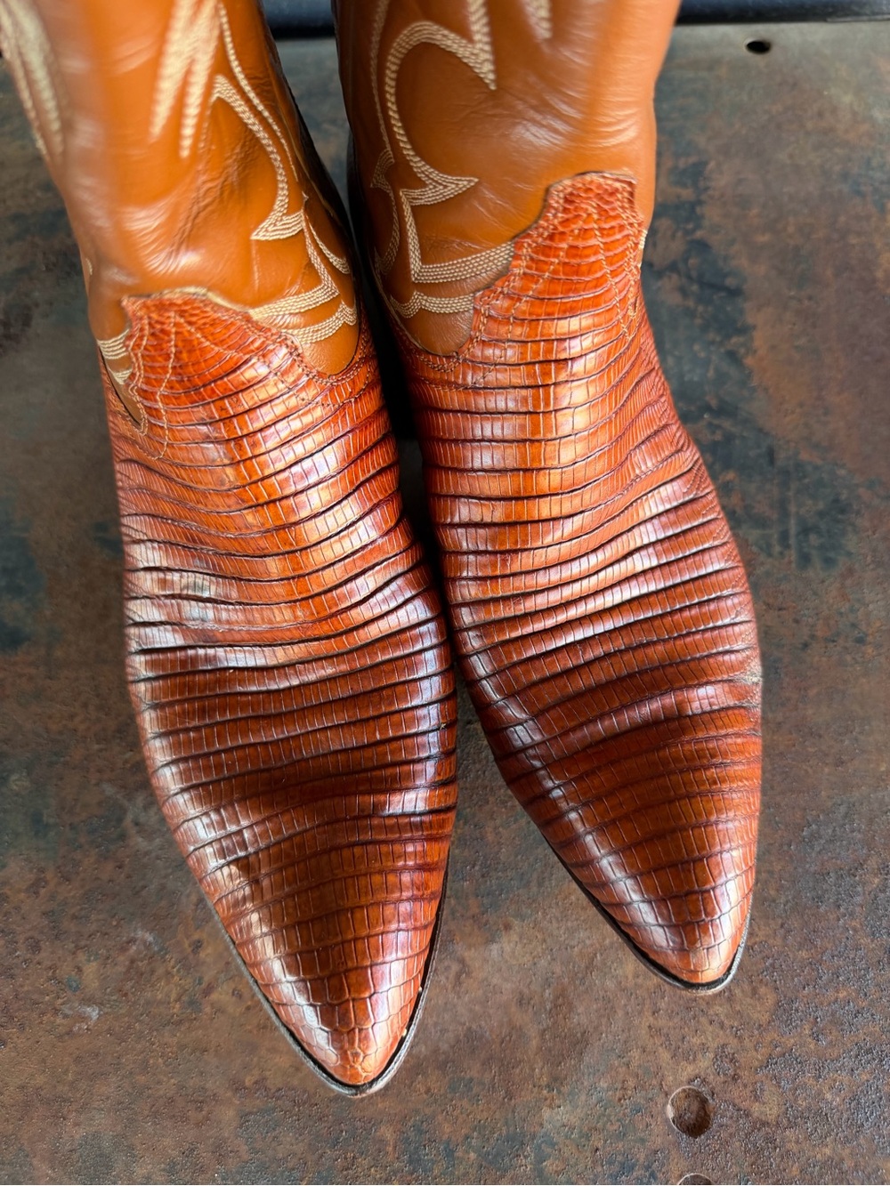Tony Lama Cognac Embossed Pointed-Toe Western Boots 7 1/2C